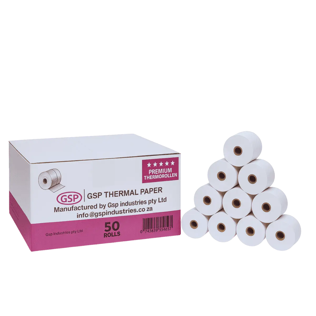 GSP Industries 80mm x 83mm POS Thermal till rolls, box of 50 rolls on a transparent background.